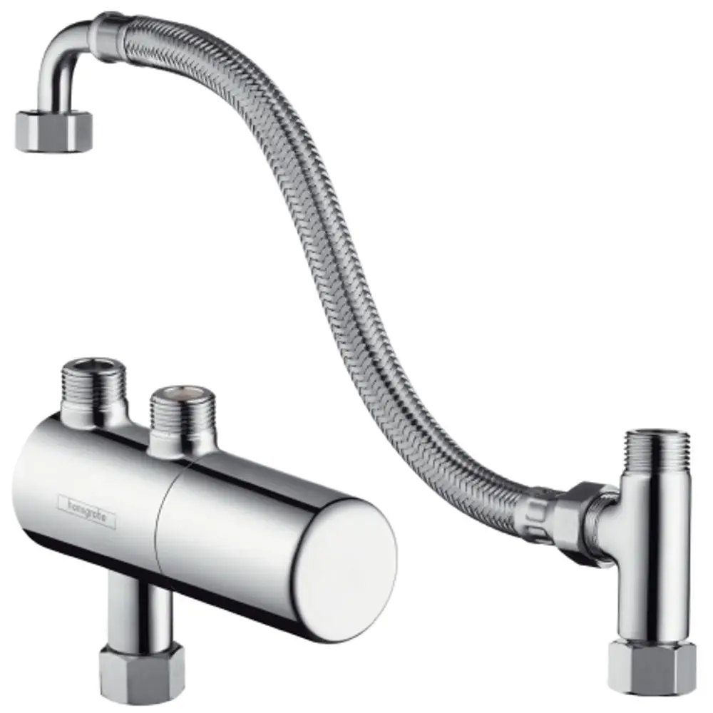 Hansgrohe Thermostat mit zwei Anschlüssen, verchromte Oberfläche, üblicherweise für die Untertischmontage in Sanitärbereichen. Flexibler Anschluss mit Metallgeflecht.